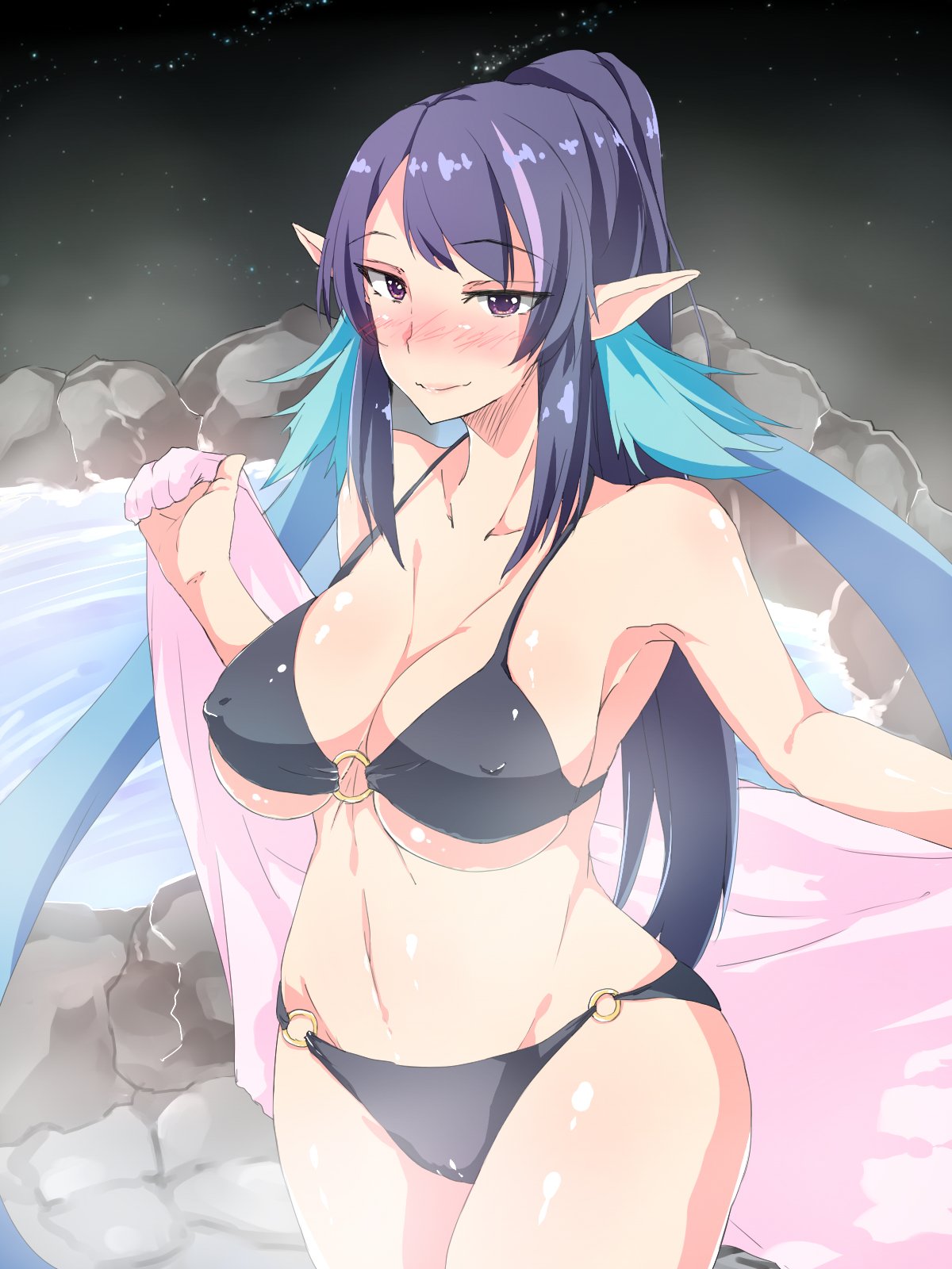 1girl armpits bare_shoulders bikini black_bikini blush breasts cleavage closed_mouth collarbone cowboy_shot curvy erect_nipples feathered_wings groin half-closed_eyes head_wings highres holding judith large_breasts lips long_hair midriff navel night night_sky nose_blush o-ring_bikini o-ring_bottom o-ring_top onsen orange_(moekibarasensei) outdoors pointy_ears ponytail purple_hair rock sidelocks sky smile solo standing star_(sky) starry_sky stomach stone_floor swimsuit tales_of_(series) tales_of_vesperia towel tsurime under_boob very_long_hair violet_eyes water wings