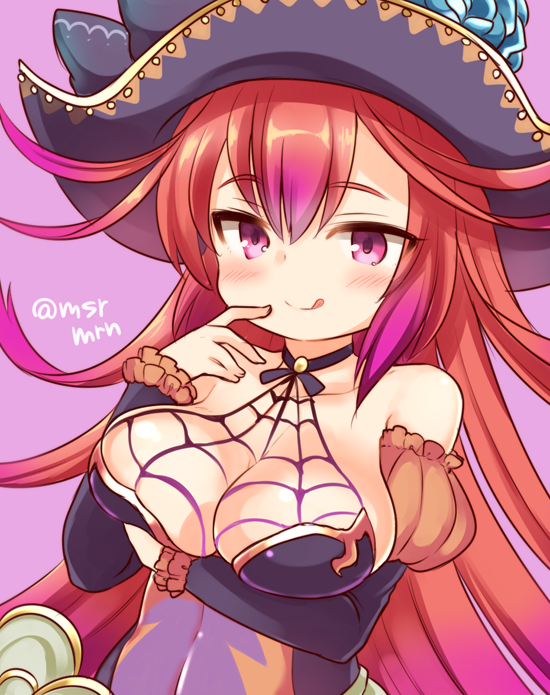 1girl :q bare_shoulders blush breast_hold breasts choker cleavage collarbone covered_navel dress female gradient_hair halloween hat laila_(p&amp;d) large_breasts long_hair looking_at_viewer marshmallow_mille multicolored_hair orange_hair purple_background purple_hair puzzle_&amp;_dragons simple_background smile solo spider_web_print tongue tongue_out twitter_username two-tone_hair very_long_hair violet_eyes