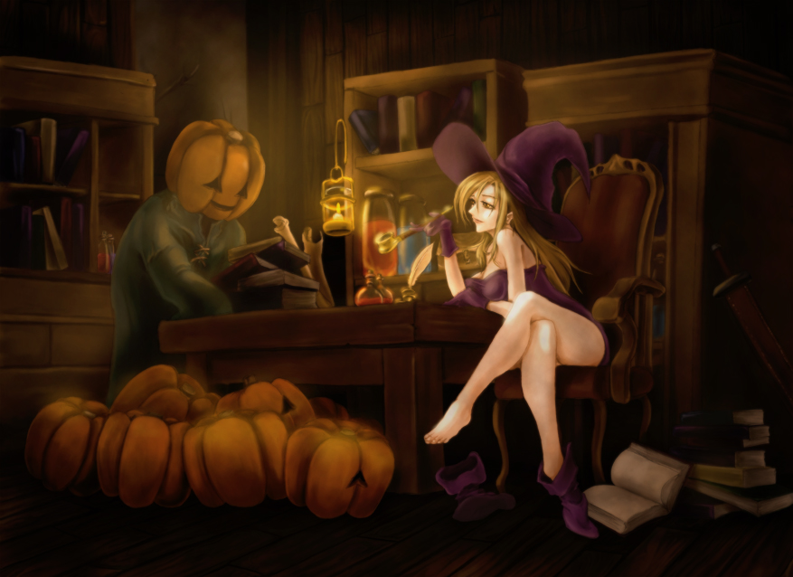 1boy 1girl ankle_boots bare_shoulders blonde_hair book boot_removed boots bottle breasts candle candlelight carrying cleavage deneb_rove drawdragon dress gloves hair hat holding indoors inkwell jack-o'-lantern lamp leaning_forward legs legs_crossed long_hair looking_at_another microdress open_book pipe pumpkin pumpkinhead_(ogre_battle) purple_boots purple_dress purple_gloves purple_hat quill revision scroll shelf single_shoe sitting smile smoking strapless strapless_dress sword table tactics_ogre taut_clothes taut_dress thighs toes tunic weapon witch witch_hat yellow_eyes