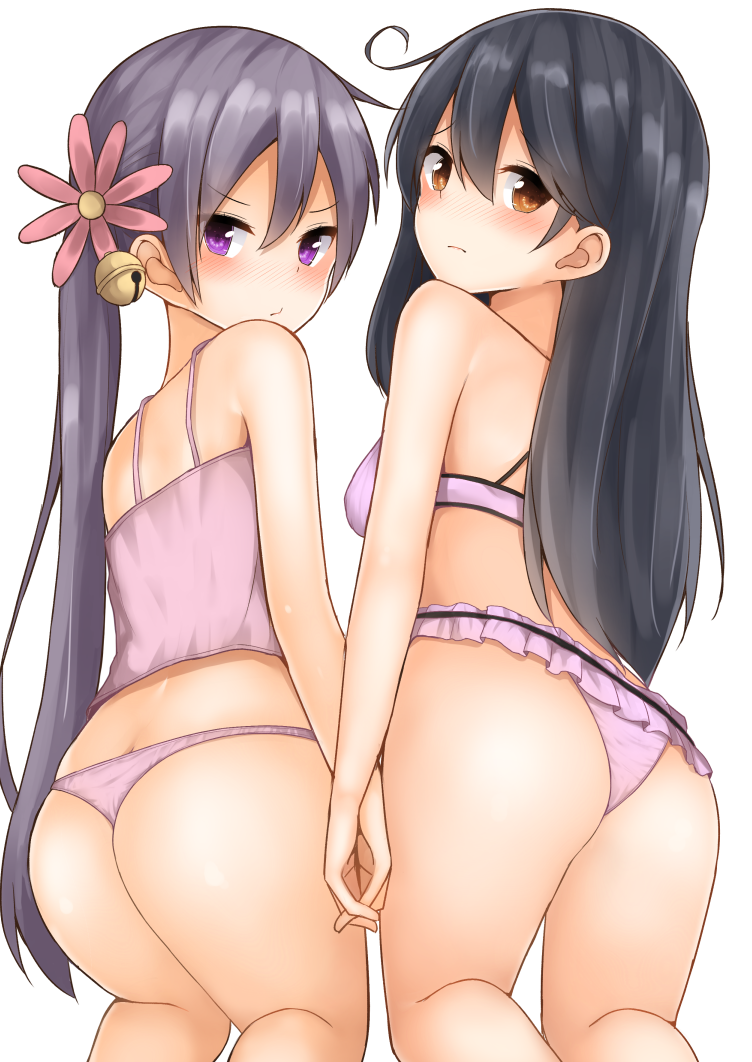 2girls ahoge akebono_(kantai_collection) ass bell black_hair blush bra brown_eyes camisole flower frills from_behind hair_bell hair_flower hair_ornament hand_holding kantai_collection lingerie long_hair looking_back mizushina_minato multiple_girls panties pink_bra pink_panties purple_hair side_ponytail thong underwear underwear_only ushio_(kantai_collection) violet_eyes