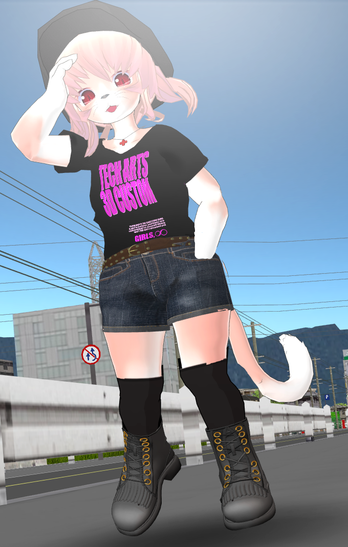 1girl 3d 3d_custom_girl artist_request boots cat female full_body furry hat outdoors pink_hair red_eyes sky solo