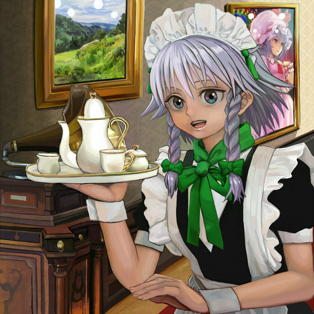 1girl apron ascot black_dress blue_hair bow braid brooch cup dress ears grey_eyes hair_bow hallway hand_on_own_chest hands hat hat_bow houhokekyo indoors izayoi_sakuya jewelry long_skirt maid maid_apron maid_headdress mob_cap open_mouth phonograph pink_shirt pink_skirt portrait_(object) puffy_short_sleeves puffy_sleeves red_eyes reflection remilia_scarlet shirt short_hair short_sleeves silver_hair skirt smile solo teacup teapot teeth tongue touhou tray twin_braids wrist_cuffs