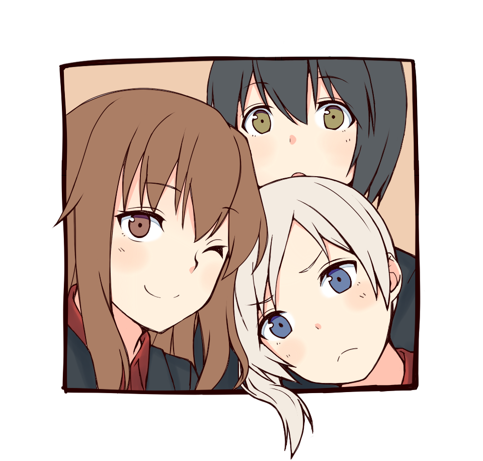 3girls :&lt; black_hair blonde_hair blue_eyes brown_eyes brown_hair fernandia_malvezzi looking_at_viewer luciana_mazzei martina_crespi momiji7728 multiple_girls one_eye_closed open_mouth side_ponytail smile strike_witches