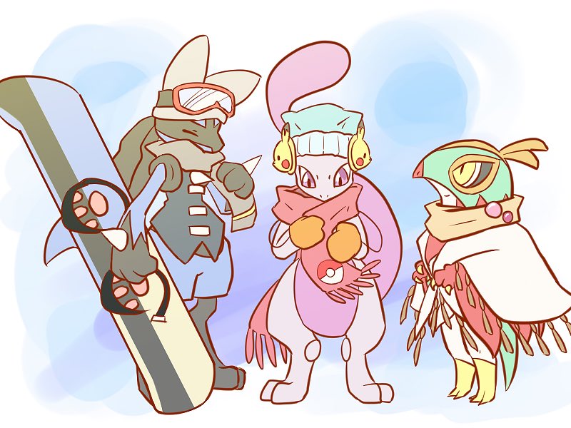 closed_eyes clothed_pokemon earmuffs goggles goggles_on_hat hawlucha lucario mewtwo no_humans pikachu pokemon poncho scarf snowboard violet_eyes yellow_eyes