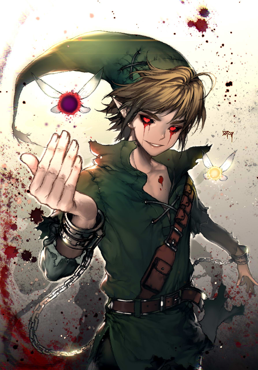 1boy artist_name bad_end ben_drowned black_sclera blonde_hair blood blood_splatter bloody_tears collarbone corruption creepypasta cuffs fairy fairy_wings green_hat hat highres kawacy link looking_at_viewer male_focus pointy_ears red_eyes shackles smile solo splatter tael tatl tears teeth the_legend_of_zelda the_legend_of_zelda:_majora's_mask what_if wings