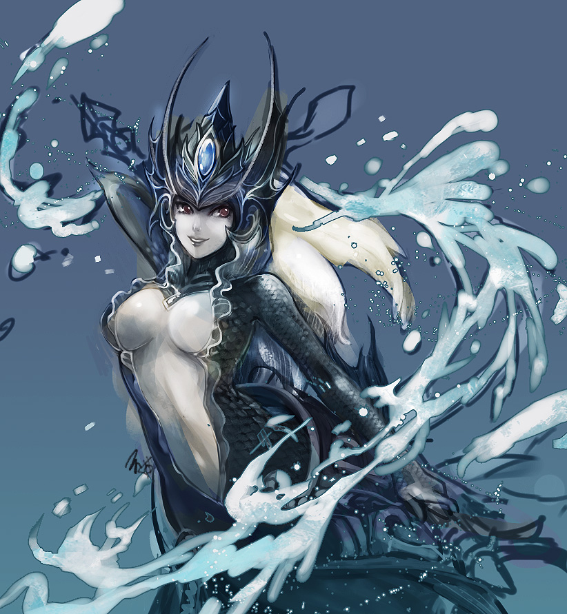 1girl aa2233a breasts cleavage fish_tail headpiece league_of_legends mermaid monster_girl nami_(league_of_legends) red_eyes scales solo staff water