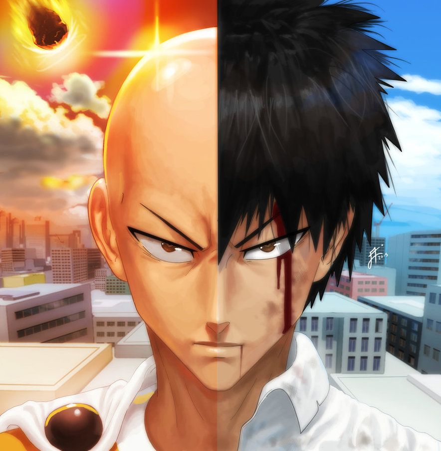 10s 1boy 2015 bald before_and_after black_hair bleeding blood blue_sky building cape clouds glaring looking_at_viewer male_focus meteor one-punch_man portrait red_sky saitama_(one-punch_man) scowl shiny sky solo spiky_hair tsukinopandaaa upper_body