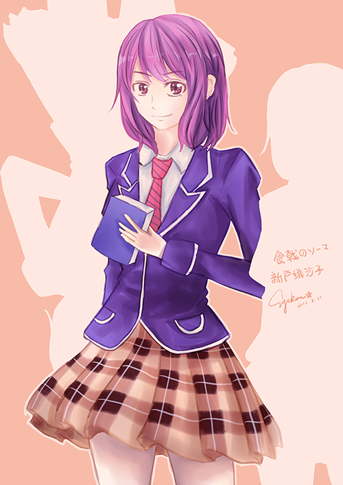 1girl arato_hisako breasts necktie purple_hair school_uniform shokugeki_no_souma short_hair skirt smile violet_eyes