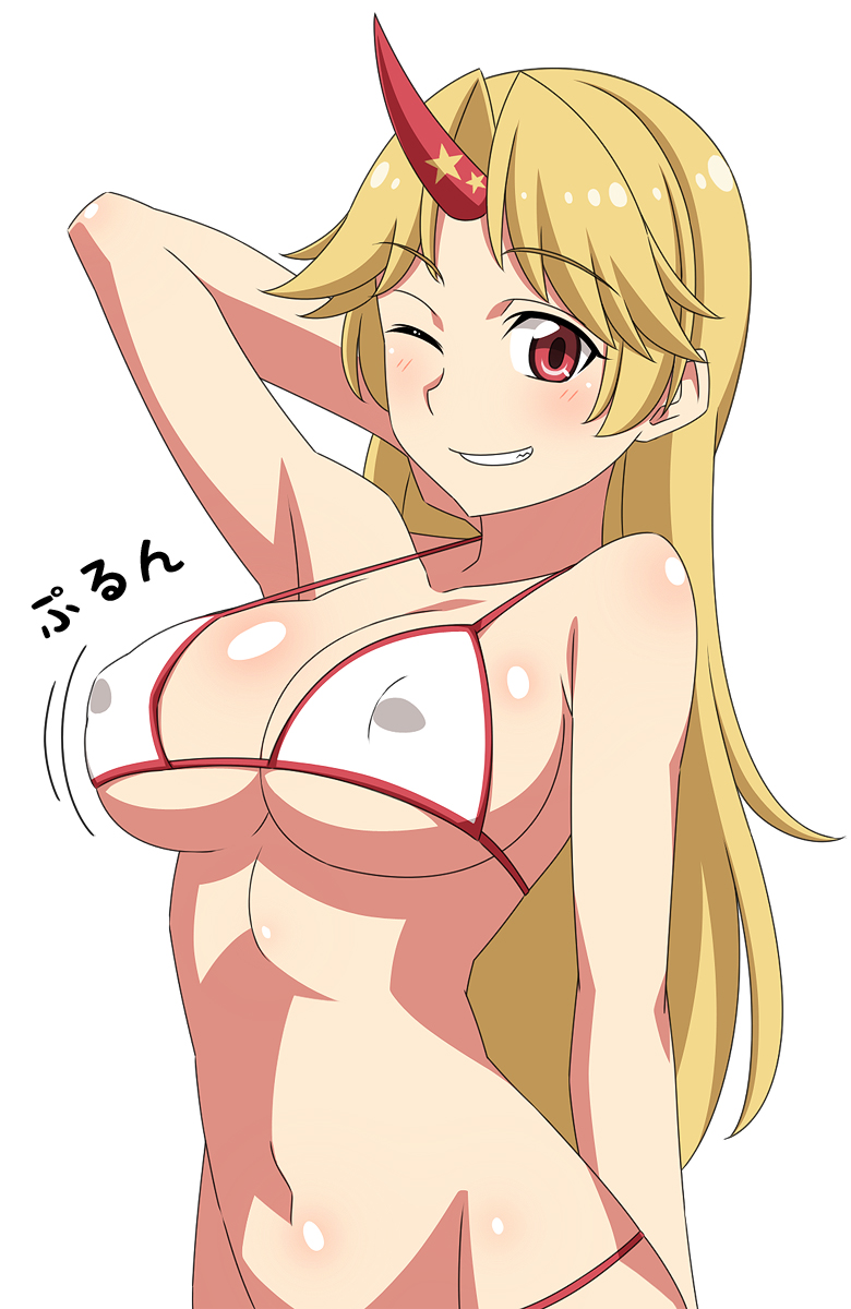 1girl ;) arm_behind_head bikini blonde_hair blush bouncing_breasts breasts erect_nipples female highres horn hoshiguma_yuugi itawa_sa large_breasts long_hair looking_at_viewer md5_mismatch one_eye_closed red_eyes simple_background smile solo strap_gap swimsuit touhou white_background