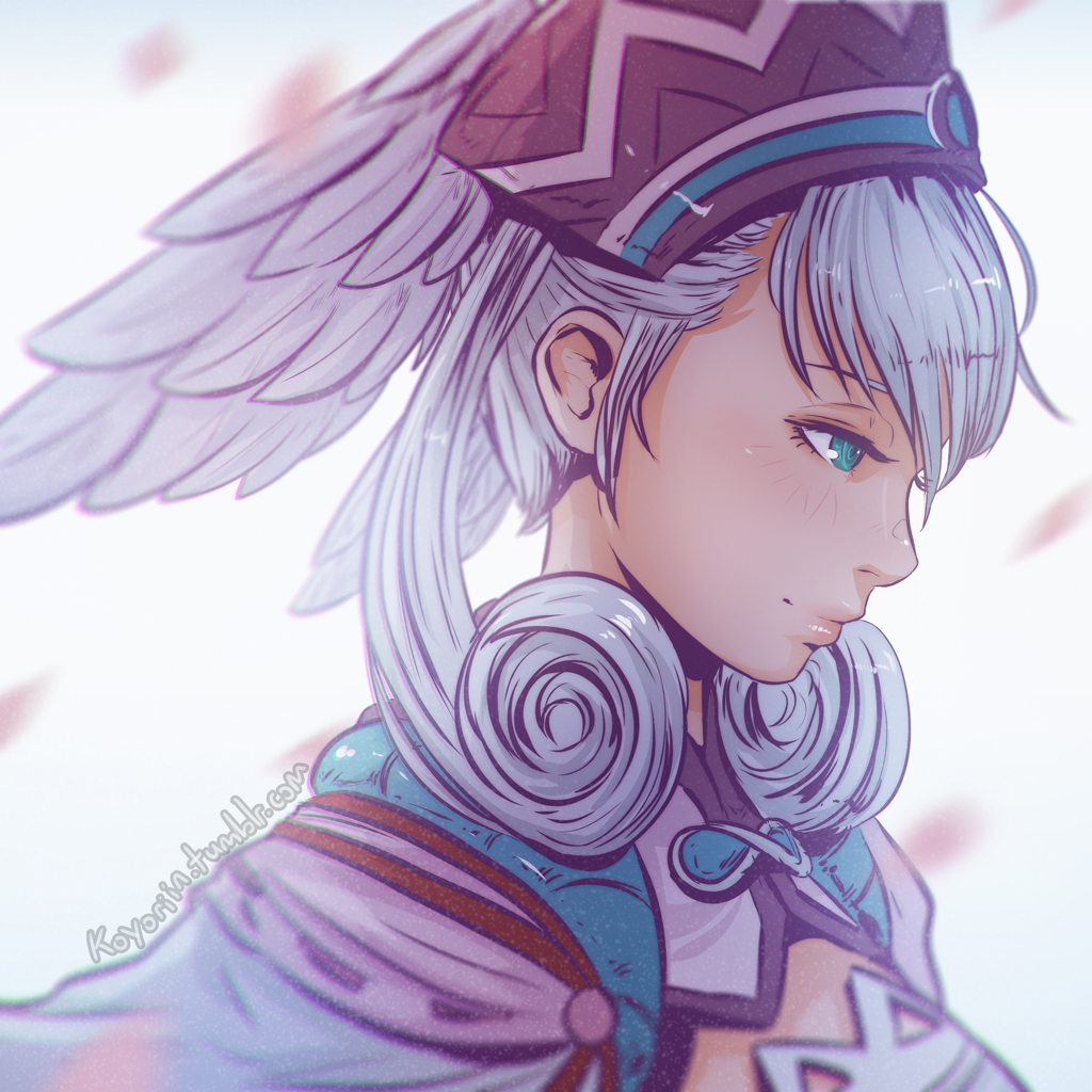 1girl aqua_eyes artist_name blush curly_hair head_wings koyorin long_hair melia profile silver_hair smile solo upper_body watermark web_address xenoblade