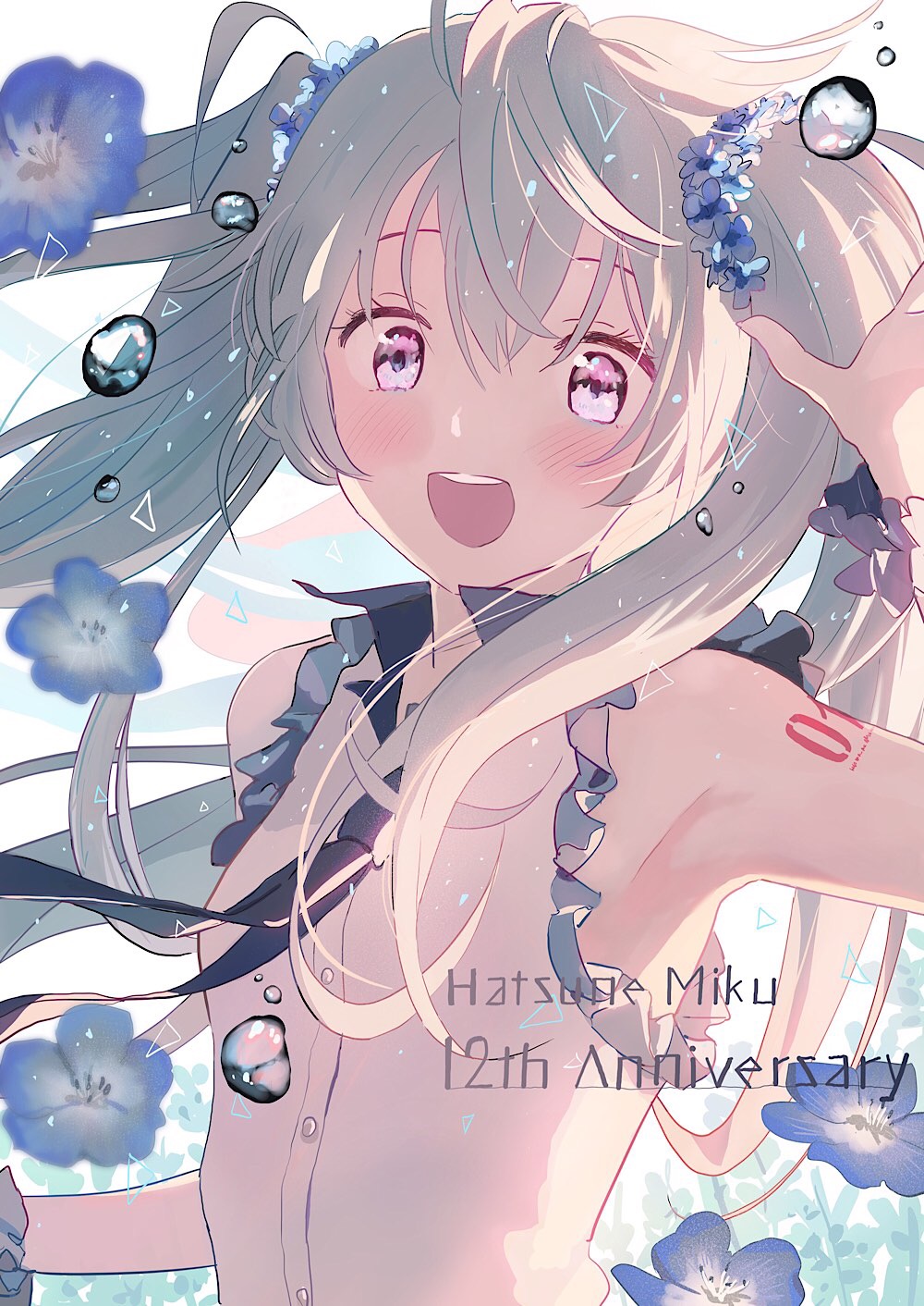 1girl anniversary aqua_hair commentary_request english_text flower hatsune_miku highres long_hair looking_at_viewer necktie open_mouth pink_eyes scrunchie shirt sleeveless sleeveless_shirt smile solo tadano_(toriaezu_na_page) tattoo teeth triangle twintails upper_body vocaloid