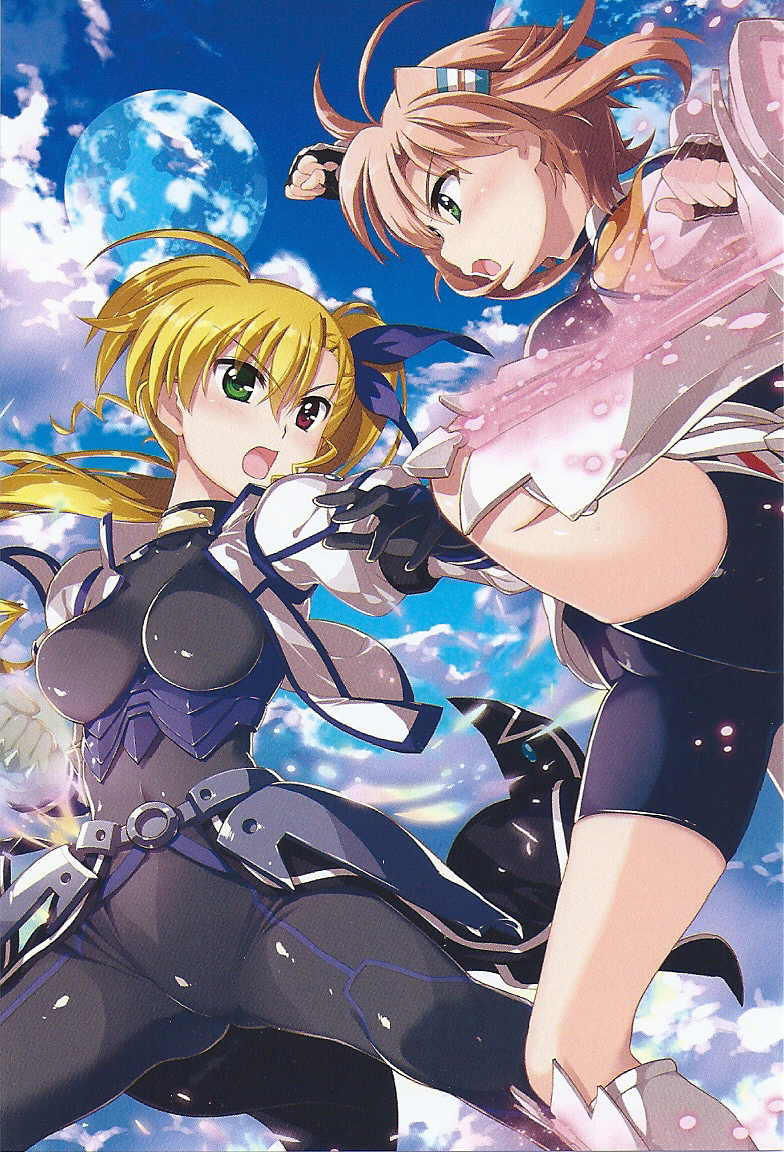 bike_shorts blonde_hair bodysuit breasts fighting fighting_stance green_eyes heterochromia large_breasts lyrical_nanoha mahou_shoujo_lyrical_nanoha_vivid miura_rinaldi older pink_hair scan scan_artifacts vivio