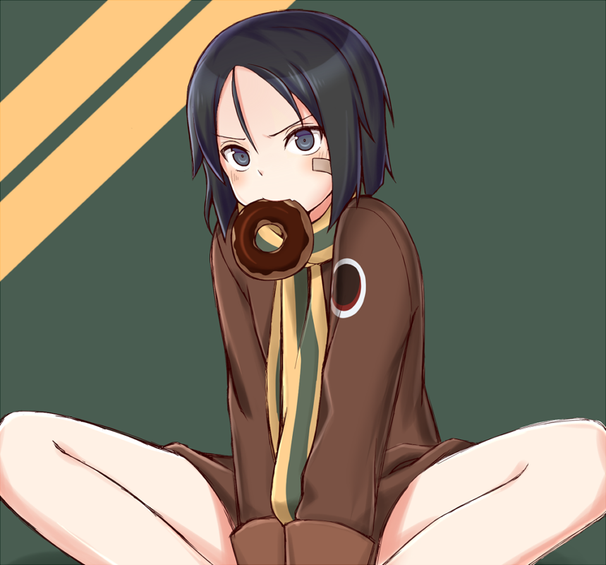 1girl bandage_on_face black_hair bomber_jacket brave_witches doughnut fang food food_in_mouth jacket kanno_naoe looking_at_viewer momiji7728 scarf short_hair sitting solo strike_witches world_witches_series