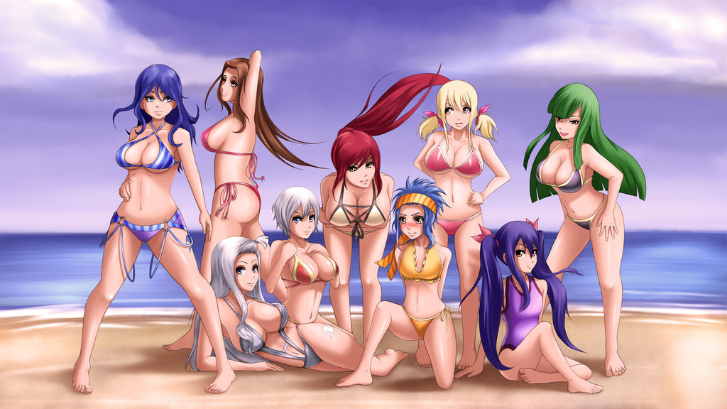6+girls ass beach bikini bisca_mulan blonde_hair blue_eyes blue_hair blush breast_hold breasts brown_eyes brown_hair cana_alberona cleavage erza_scarlet evergreen_(fairy_tail) fairy_tail green_hair hair_ribbon juvia_loxar kneeling large_breasts levy_mcgarden lipstick lisanna_strauss long_hair looking_at_viewer lucy_heartfilia lying makeup mirajane_strauss multiple_girls navel ocean on_side parted_lips ponytail redhead ribbon short_hair silver_hair sitting small_breasts smile standing swimsuit twintails wendy_marvell