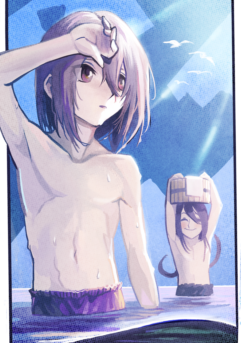 2boys armpits bayashiko bird closed_eyes highres honebami_toushirou male_focus male_swimwear multiple_boys namazuo_toushirou navel no_nipples partially_submerged shirtless smile swim_trunks touken_ranbu water wet wet_hair