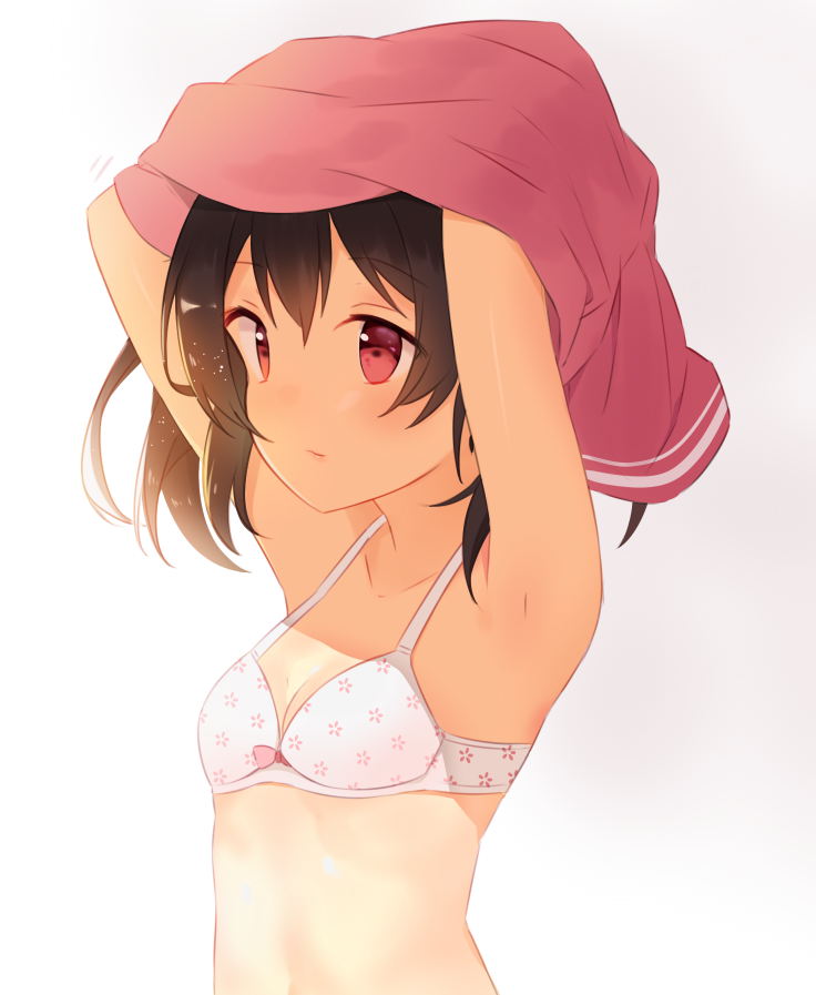 1girl armpits arms_up black_hair blush bow bow_bra bra breasts hitsukuya love_live! love_live!_school_idol_project red_eyes shirt_lift small_breasts solo twintails underwear undressing upper_body yazawa_nico