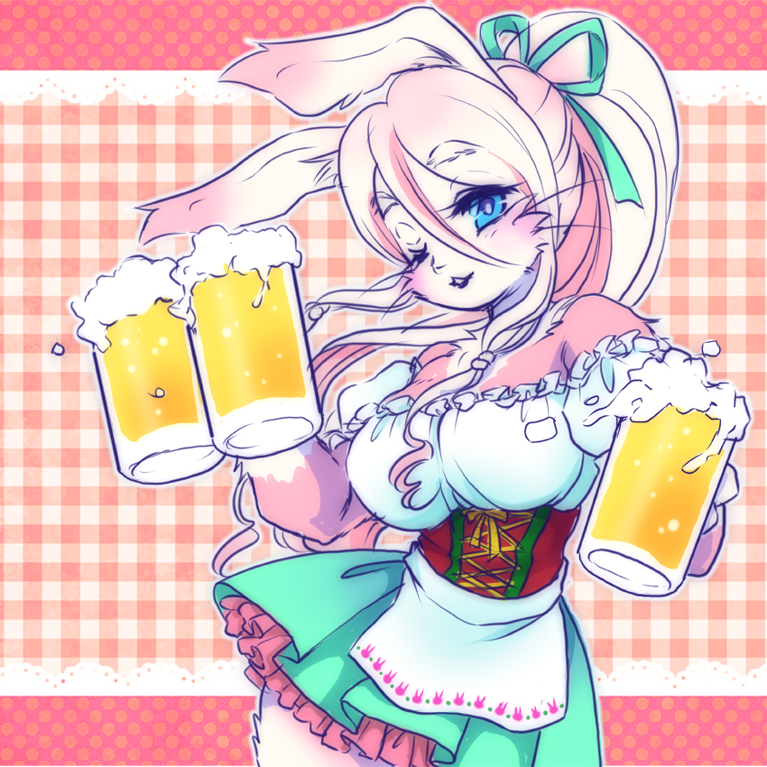 1girl alcohol artist_request beer blue_eyes breasts dirndl female furry german_clothes long_hair oktoberfest one_eye_closed pink_hair skirt solo waitress