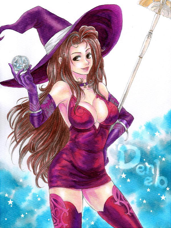 1girl arm_belt bare_shoulders boots breasts brown_hair character_name choker cleavage clouds contrapposto deneb_rove dress elbow_gloves glass_pumpkin gloves hand_on_hip hat holding holding_pumpkin holding_staff ink_(medium) jack-o'-lantern kikimimi_612 lips lipstick long_hair looking_to_the_side makeup microdress parted_lips pumpkin purple_boots purple_dress purple_gloves purple_hat sideboob smile solo staff star strapless strapless_dress tactics_ogre thigh-highs thigh_boots traditional_media very_long_hair witch witch_hat yellow_eyes zettai_ryouiki