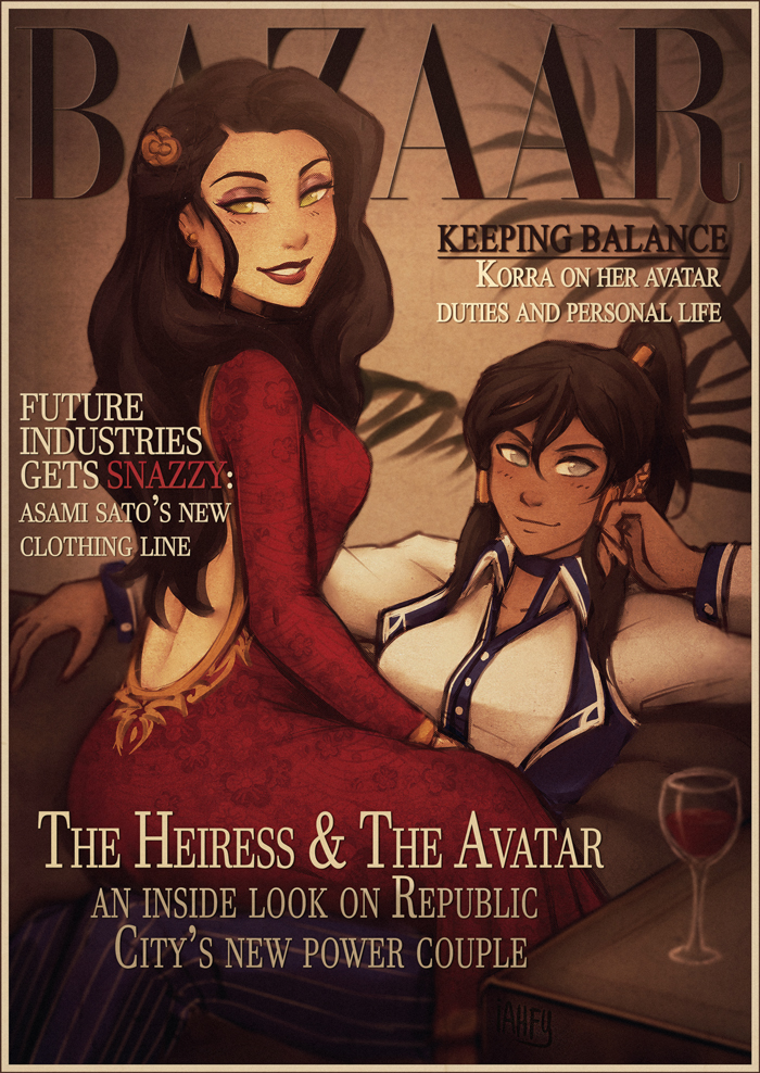 2girls asami_sato avatar:_the_last_airbender avatar_(series) black_hair blue_eyes couch cover cup dress drinking_glass earrings english glass green_eyes hair_ornament iahfy jewelry korra magazine magazine_cover multiple_girls ponytail red_dress sepia sitting sitting_on_lap sitting_on_person smile the_legend_of_korra wine_glass yuri