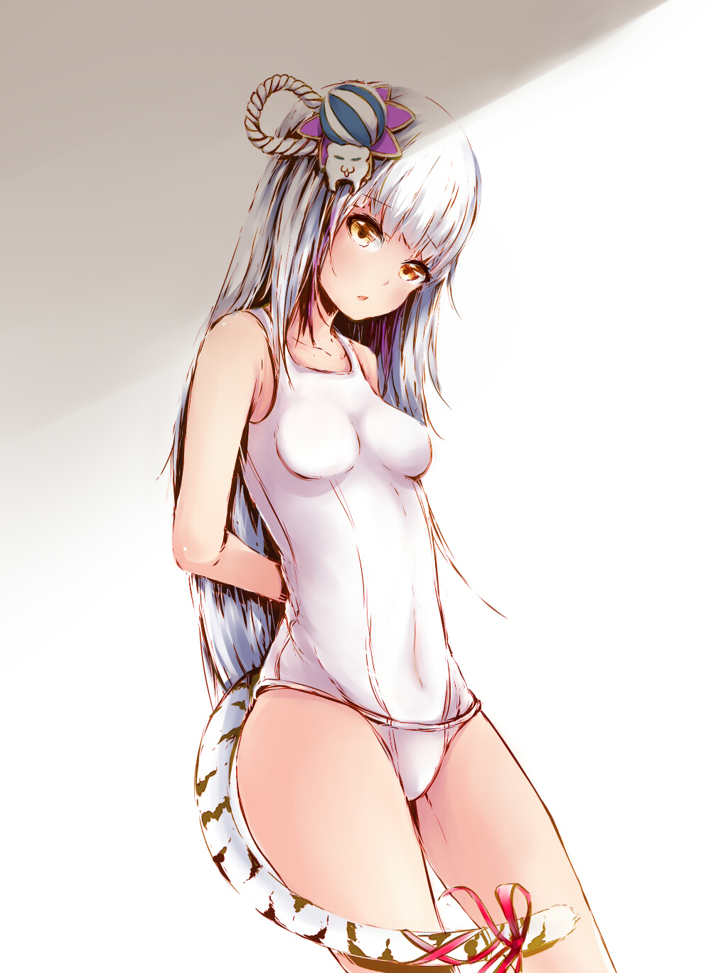 1girl haku_(p&amp;d) highres long_hair puzzle_&amp;_dragons school_swimsuit silver_(chenwen) silver_(pixiv5594793) solo standing swimsuit tail tiger_tail white_hair white_school_swimsuit white_swimsuit yellow_eyes