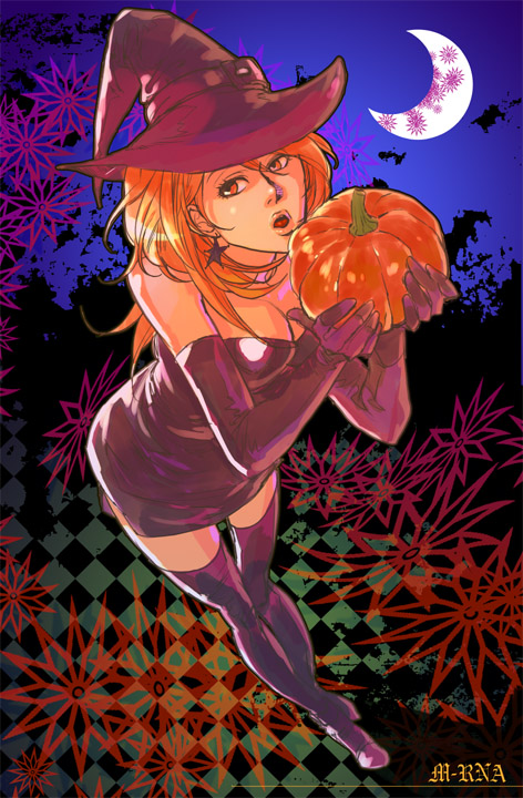 1girl artist_name bare_shoulders boots breasts checkered checkered_background cleavage crescent_moon deneb_rove dress earrings elbow_gloves floral_background gloves hat holding_pumpkin ideissai jewelry leaning_forward lips long_hair looking_to_the_side matching_hair/eyes microdress moon night ogre_battle open_mouth orange_eyes orange_hair pumpkin purple_boots purple_dress purple_gloves purple_hat solo star star_earrings strapless_dress texture thigh-highs thigh_boots witch witch_hat zettai_ryouiki