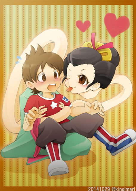 &lt;3 1boy 1girl amano_keita artist_request black_hair blush brown_eyes brown_hair japanese_clothes kimono rokurokubi tongue tongue_out youkai_watch