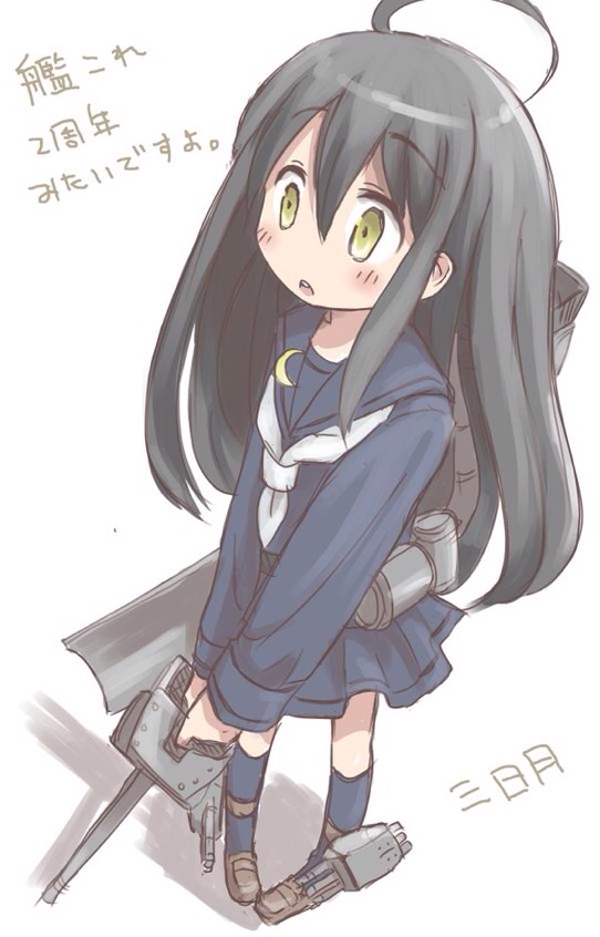 1girl bangs black_hair blue_legwear blue_skirt blush crescent crescent_moon hair_between_eyes kantai_collection long_hair mikazuki_(kantai_collection) moon pleated_skirt qt_project school_uniform simple_background skirt solo translation_request white_background yellow_eyes