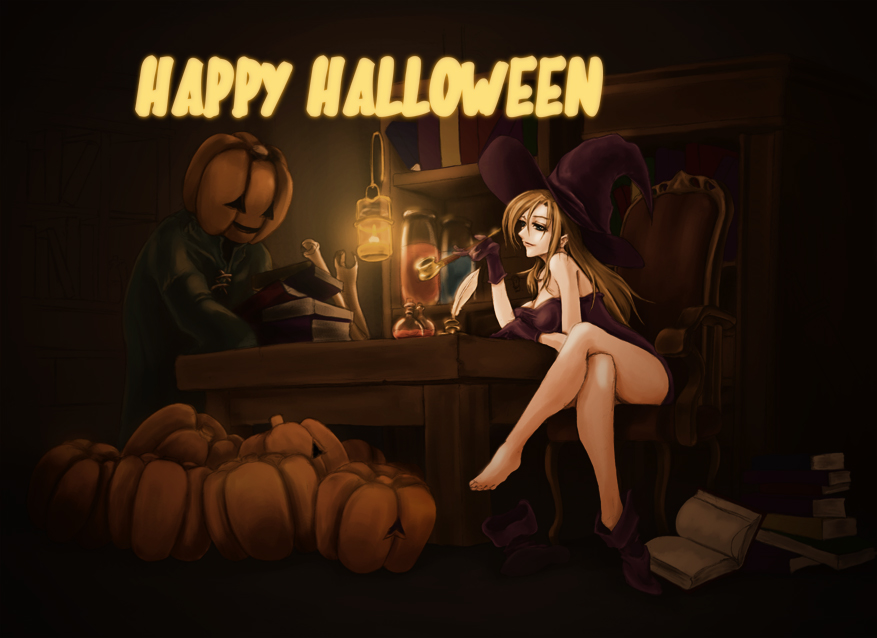 1boy 1girl ankle_boots bare_shoulders blonde_hair book boot_removed boots bottle breasts candle candlelight carrying cleavage deneb_rove drawdragon dress gloves hair happy_halloween hat holding indoors inkwell jack-o'-lantern lamp leaning_forward legs legs_crossed long_hair looking_at_another microdress open_book pipe pumpkin pumpkinhead_(ogre_battle) purple_boots purple_dress purple_gloves purple_hat quill scroll shelf single_shoe sitting smile smoking strapless strapless_dress table tactics_ogre taut_clothes taut_dress thighs toes tunic witch witch_hat yellow_eyes