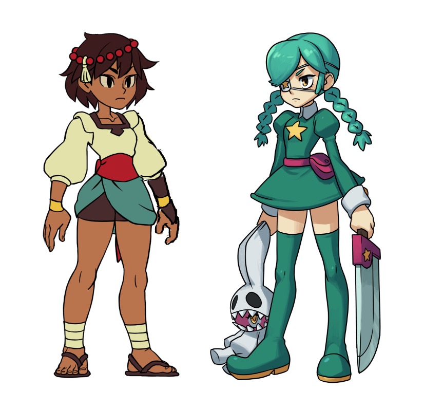 2girls ajna_(indivisible) ankle_wraps annie_(skullgirls) beads belt black_eyes black_hair boots braid breasts brown_hair creator_connection crossover dark_skin dress eyepatch green_hair green_skirt hair_ornament indivisible jewelry lab_zero_games long_hair multiple_girls official_art sandals short_hair skirt skullgirls stuffed_animal stuffed_bunny stuffed_toy sword thigh-highs thigh_boots twin_braids twintails weapon