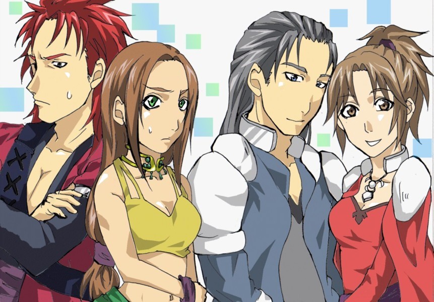 2boys 2girls :d arc_the_lad_ii arc_the_lad_iii bare_shoulders breasts brown_hair crossed_arms dark_skin dress multiple_boys multiple_girls open_mouth sania_(arc_the_lad) smile sweatdrop upper_body