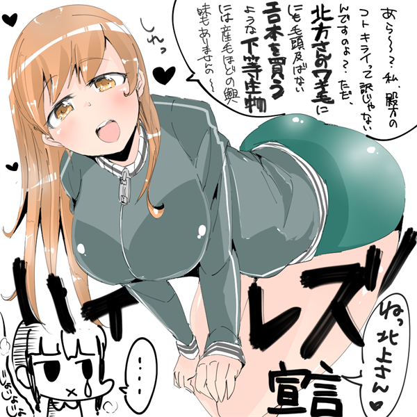 1girl bent_over breasts buruma female gym_uniform huge_breasts looking_at_viewer matching_hair/eyes open_mouth orange_eyes orange_hair seigo_(seigou) shirt simple_background solo text thighs translation_request white_background