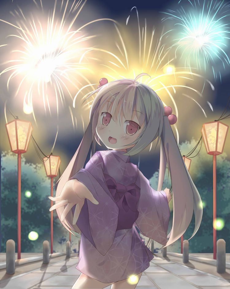 1girl ahoge beads blush bow firework_background fireworks hair_beads hair_ornament japanese_clothes kimono lamppost long_hair looking_at_viewer looking_back open_mouth original purple_bow purple_kimono red_eyes silver_hair smile solo sutorora twintails