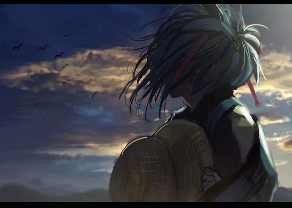 1boy bayashiko bird blue_hair clouds from_behind hat hat_removed headwear_removed letterboxed male_focus sayo_samonji solo touken_ranbu