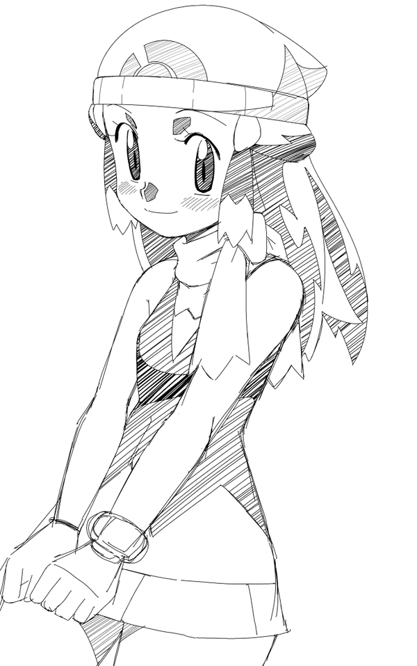 1girl female hainchu hikari_(pokemon) long_hair monochrome navel nintendo pokemon sketch