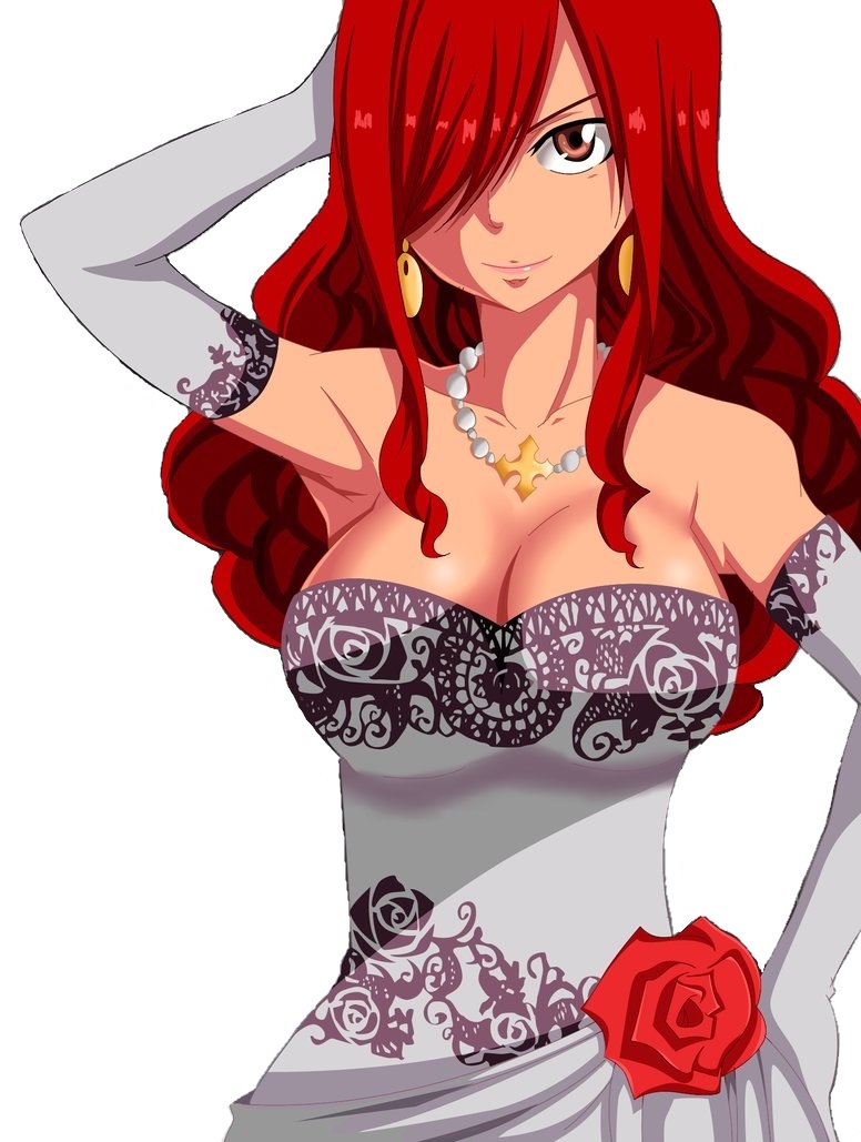1girl breasts dress earring erza_scarlet fairy_tail flower gloves jewelry large_breasts necklace redhead smile