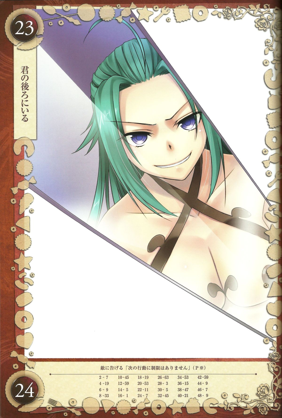 1girl bare_shoulders blue_eyes breasts chocolate dark_persona food green_hair gretel_(queen's_blade) grin kantaka long_hair queen's_blade queen's_blade_grimoire reflection skimpy smile sword