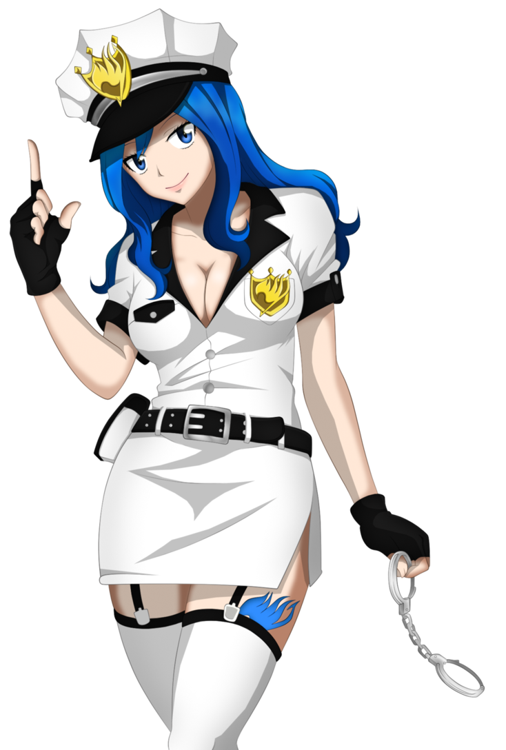 1girl blue_eyes blue_hair breasts fairy_tail hat juvia_loxar large_breasts police police_hat police_uniform skirt smile uniform