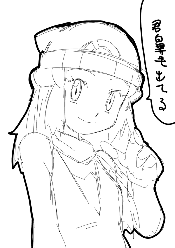 1girl female hainchu hikari_(pokemon) long_hair monochrome navel nintendo pokemon simple_background sketch smile solo translation_request