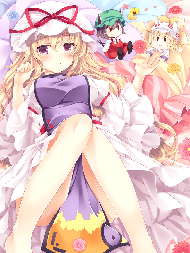 1girl ajiriko animal_ears arm_garter barefoot blonde_hair blush breasts cat_ears cat_tail character_doll chen closed_mouth dress flower fox_tail hat hat_ribbon juliet_sleeves knees_together_feet_apart kyuubi large_breasts long_hair long_sleeves looking_at_viewer lying mob_cap multiple_tails on_back on_bed pillow pillow_hat puffy_sleeves ribbon smile solo tabard tail touhou two_tails violet_eyes white_dress wide_sleeves yakumo_ran yakumo_yukari