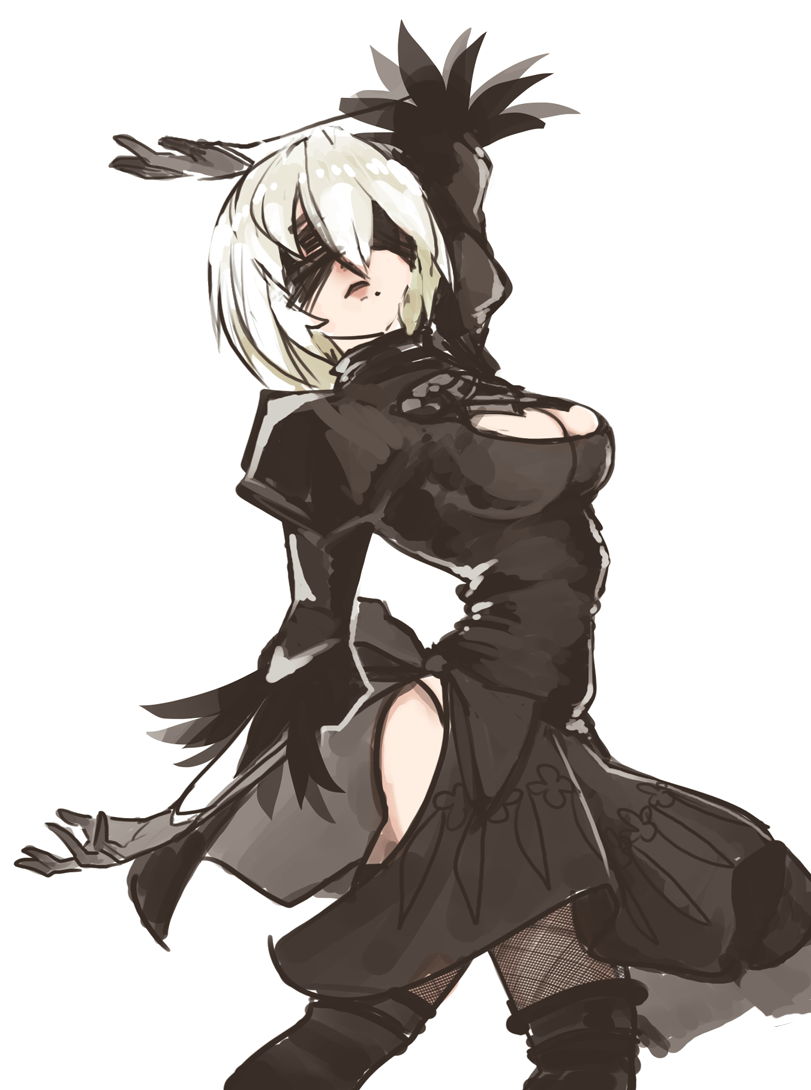 1girl arm_up black_dress black_gloves blindfold breasts cleavage cleavage_cutout dress gloves mole mole_under_mouth nier nier:_automata panties pantyshot pantyshot_(standing) pose puffy_sleeves rtil side_slit silver_hair sketch standing thigh-highs underwear white_panties yorha_no.2_type_b