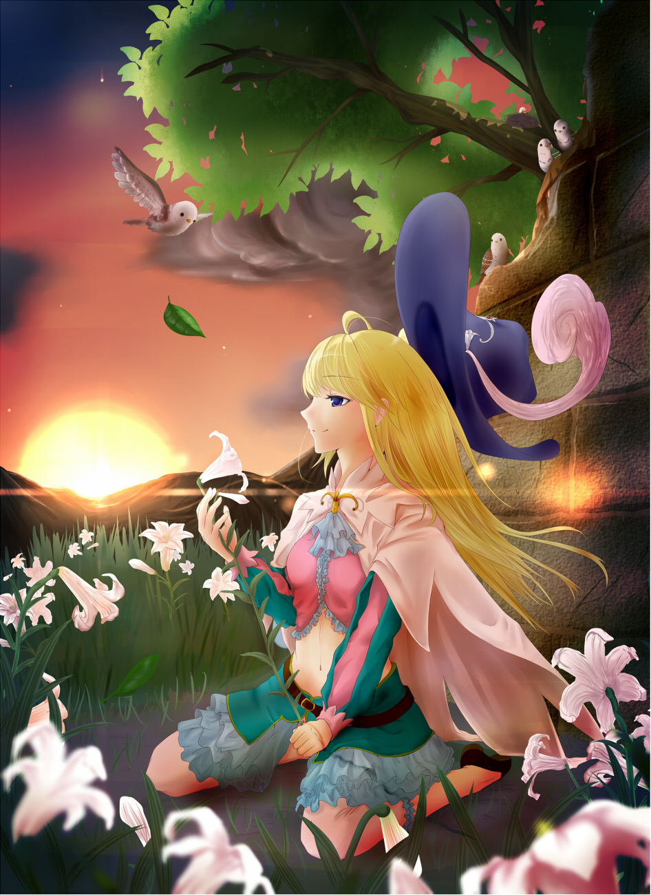 1boy androgynous ascot belt bird bird_request blonde_hair blue_eyes blurry brick_wall capelet clouds depth_of_field evening fate/grand_order fate_(series) flower frilled_skirt frills grass hair_blowing hat hat_feather highres holding holding_flower le_chevalier_d'eon_(fate/grand_order) leaf lens_flare lily_(flower) long_hair mountain navel nest ruffled_skirt sanninbi sidelocks sitting skirt smile solo sunset trap tree whorled_feather