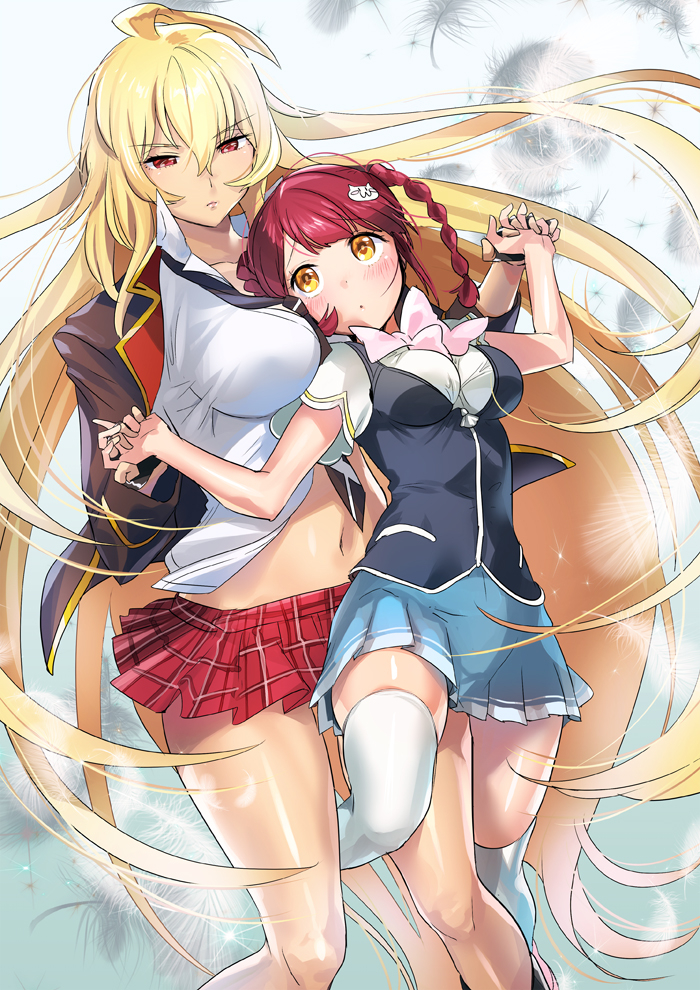 2girls blonde_hair braid breasts brown_eyes fingerless_gloves gloves hair_ornament hand_holding large_breasts long_hair midriff multiple_girls navel redhead school_uniform shikishima_mirei skirt thigh-highs tokonome_mamori twin_braids valkyrie_drive valkyrie_drive_-mermaid- very_long_hair yan'yo_(yan'yan'yo) yuri