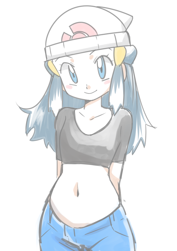 1girl blue_eyes blue_hair female hainchu hikari_(pokemon) long_hair navel nintendo pokemon sketch smile