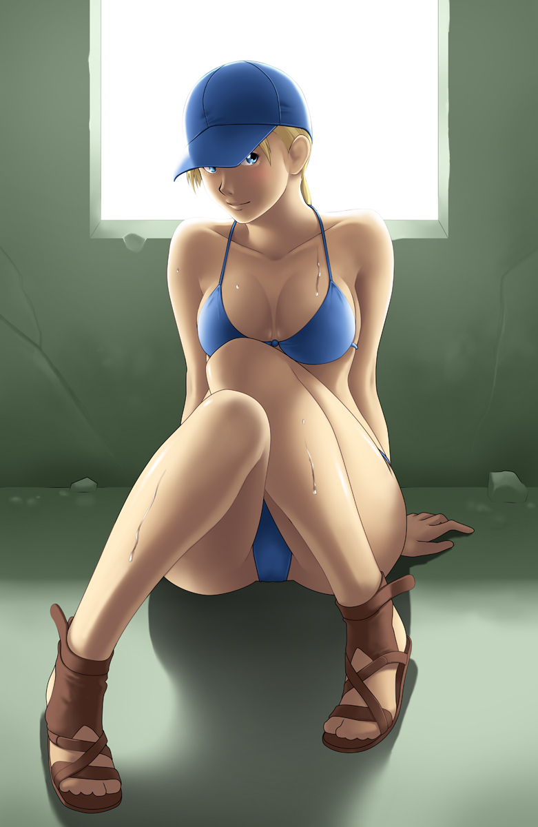 1girl ass bare_shoulders bikini blonde_hair blue_bikini blue_eyes breasts cap cleavage collarbone feet female highres jill_valentine large_breasts legs long_hair looking_at_viewer ponytail resident_evil resident_evil_5 sandals sitting smile solo sweat swimsuit thighs thor_(deep_rising) toes window