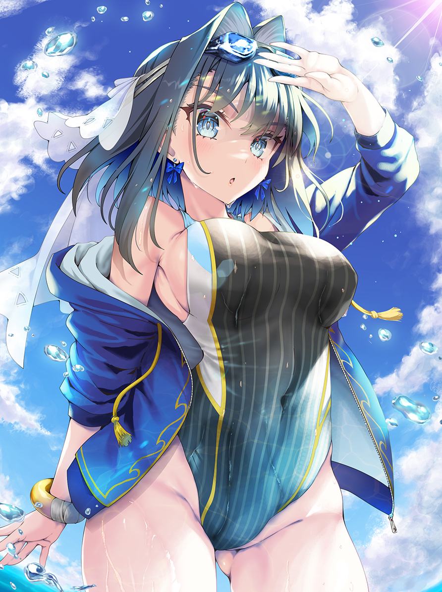 1girl ass_visible_through_thighs bare_shoulders blue_eyes blue_jacket bow bow_earrings bracelet breasts clouds covered_navel duplicate earrings eyebrows_visible_through_hair goggles goggles_on_head hair_between_eyes hair_ornament hand_on_hip holocouncil hololive hololive_english jacket jewelry kubota_masaki large_breasts medium_hair multicolored_hair one-piece_swimsuit open_mouth ouro_kronii pixel-perfect_duplicate sidelocks sky solo streaked_hair striped striped_swimsuit sunlight swimsuit tassel thighs veil virtual_youtuber water water_drop wet zipper