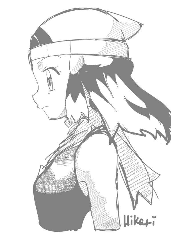 1girl female hainchu hikari_(pokemon) long_hair monochrome navel nintendo pokemon sketch solo