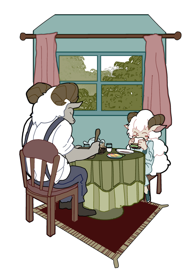 1boy androgynous artist_request closed_eyes dinner eating flat_color furry indoors nature plant sheep white_hair window