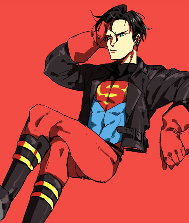 1boy black_hair blue_eyes bodysuit boots dc_comics doudoude_dou earrings gloves jacket jewelry kon-el legs_crossed male_focus s_shield short_hair simple_background solo superboy