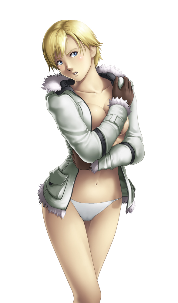 1girl blonde_hair blue_eyes blush breast_press breasts coat covering female gloves highres large_breasts legs looking_at_viewer navel no_bra panties resident_evil resident_evil_6 sherry_birkin short_hair simple_background solo standing thighs thor_(deep_rising) underwear white_background
