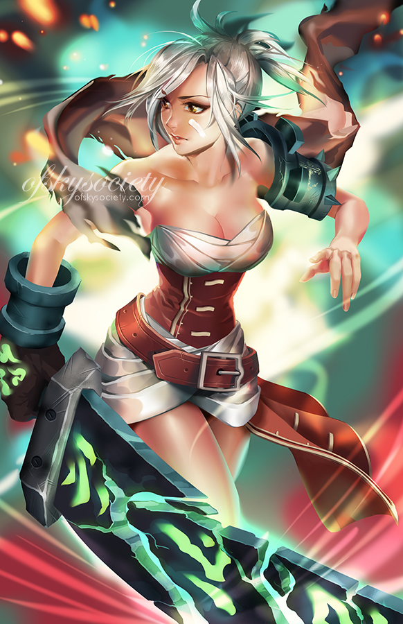 1girl alice_jing bare_shoulders breasts cleavage glowing glowing_weapon grey_hair huge_sword league_of_legends riven_(league_of_legends) single_glove sword weapon